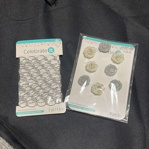 NWT Celebrate it crafting trim. 8 piece flower and 2 yards of silver trim.